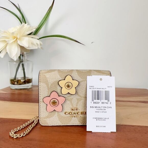 NWT Coach‎ Mini Wallet On A Chain In Signature Canvas With Floral Applique - Picture 5 of 8